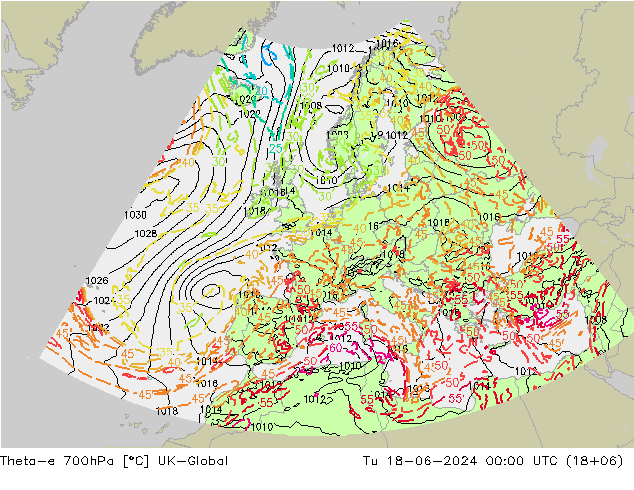 Theta-e 700hPa UK-Global mar 18.06.2024 00 UTC