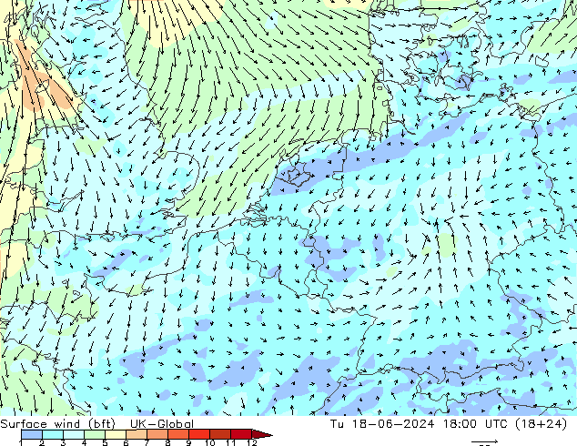 Surface wind (bft) UK-Global Út 18.06.2024 18 UTC