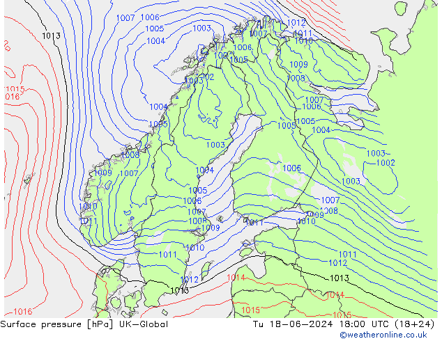 Surface pressure UK-Global Tu 18.06.2024 18 UTC