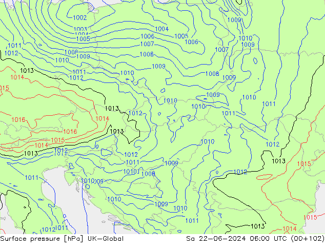 Atmosférický tlak UK-Global So 22.06.2024 06 UTC