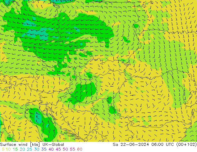 wiatr 10 m UK-Global so. 22.06.2024 06 UTC