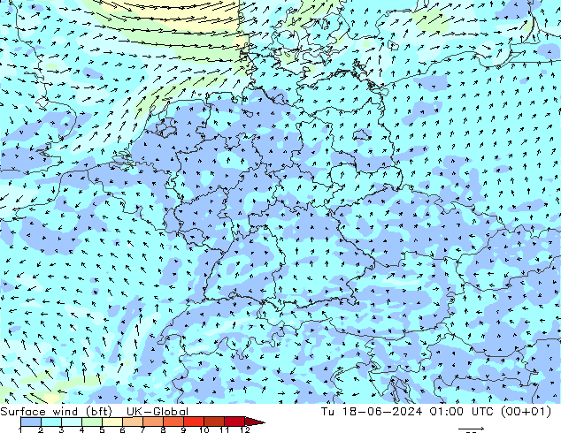 Surface wind (bft) UK-Global Út 18.06.2024 01 UTC