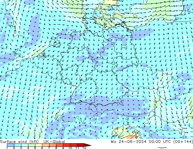 Wind 10 m (bft) UK-Global ma 24.06.2024 00 UTC