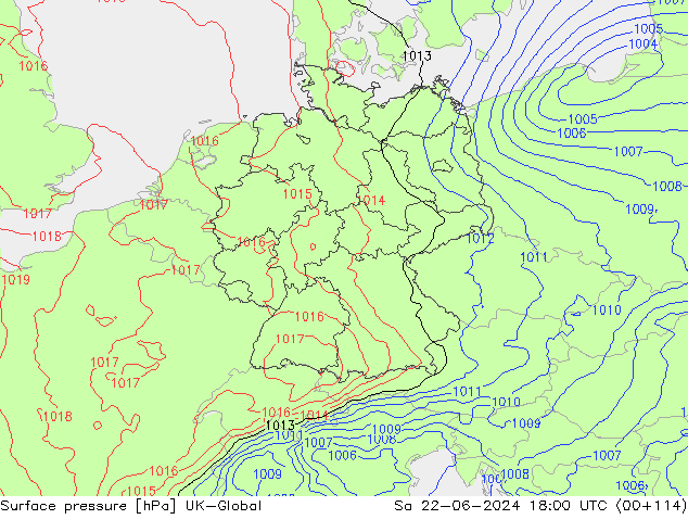 Surface pressure UK-Global Sa 22.06.2024 18 UTC