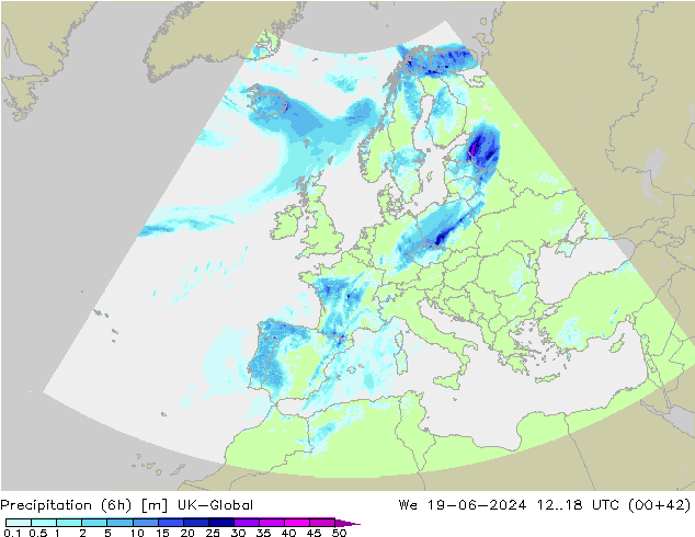 Precipitation (6h) UK-Global We 19.06.2024 18 UTC