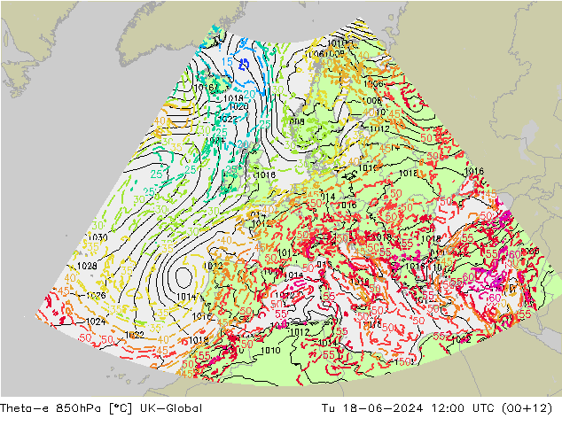Theta-e 850hPa UK-Global mar 18.06.2024 12 UTC