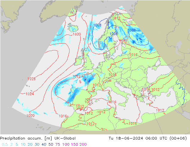 Precipitation accum. UK-Global Tu 18.06.2024 06 UTC