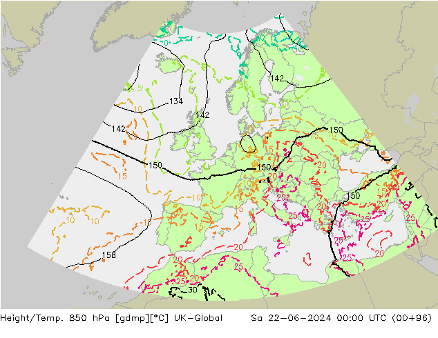 Height/Temp. 850 hPa UK-Global so. 22.06.2024 00 UTC