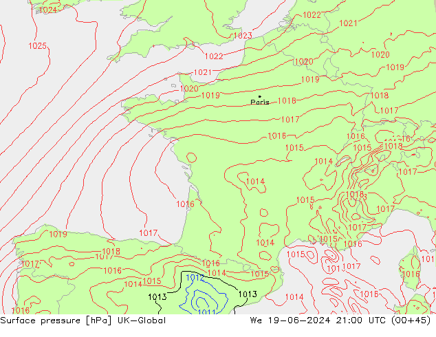 Luchtdruk (Grond) UK-Global wo 19.06.2024 21 UTC