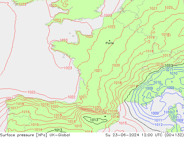 Pressione al suolo UK-Global dom 23.06.2024 12 UTC