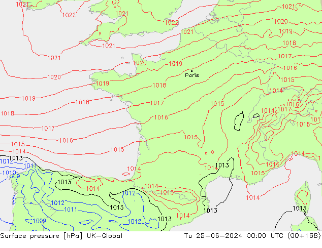 Surface pressure UK-Global Tu 25.06.2024 00 UTC