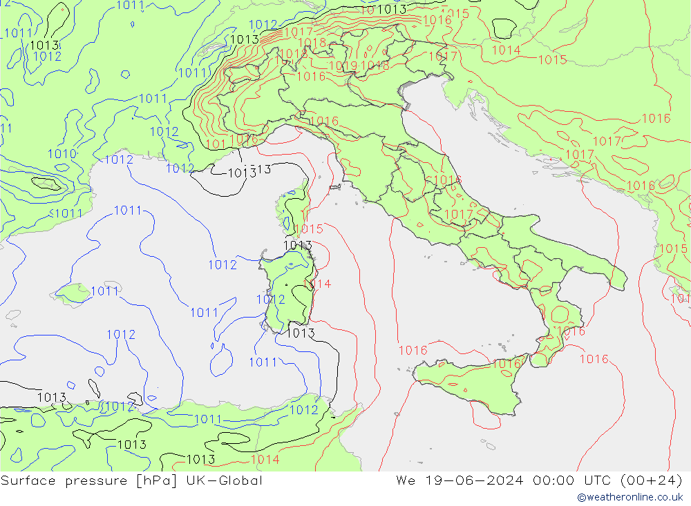 Luchtdruk (Grond) UK-Global wo 19.06.2024 00 UTC