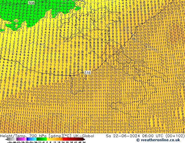 Height/Temp. 700 hPa UK-Global So 22.06.2024 06 UTC