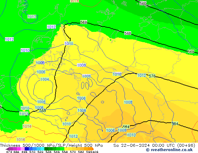 Dikte 500-1000hPa UK-Global za 22.06.2024 00 UTC