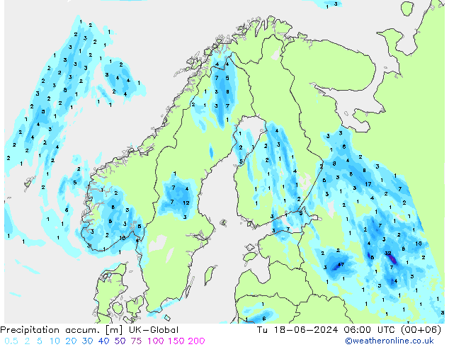 Precipitation accum. UK-Global Tu 18.06.2024 06 UTC