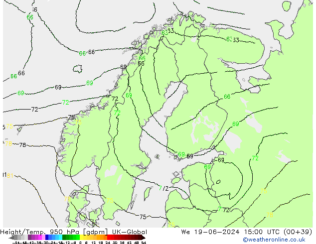 Height/Temp. 950 hPa UK-Global We 19.06.2024 15 UTC