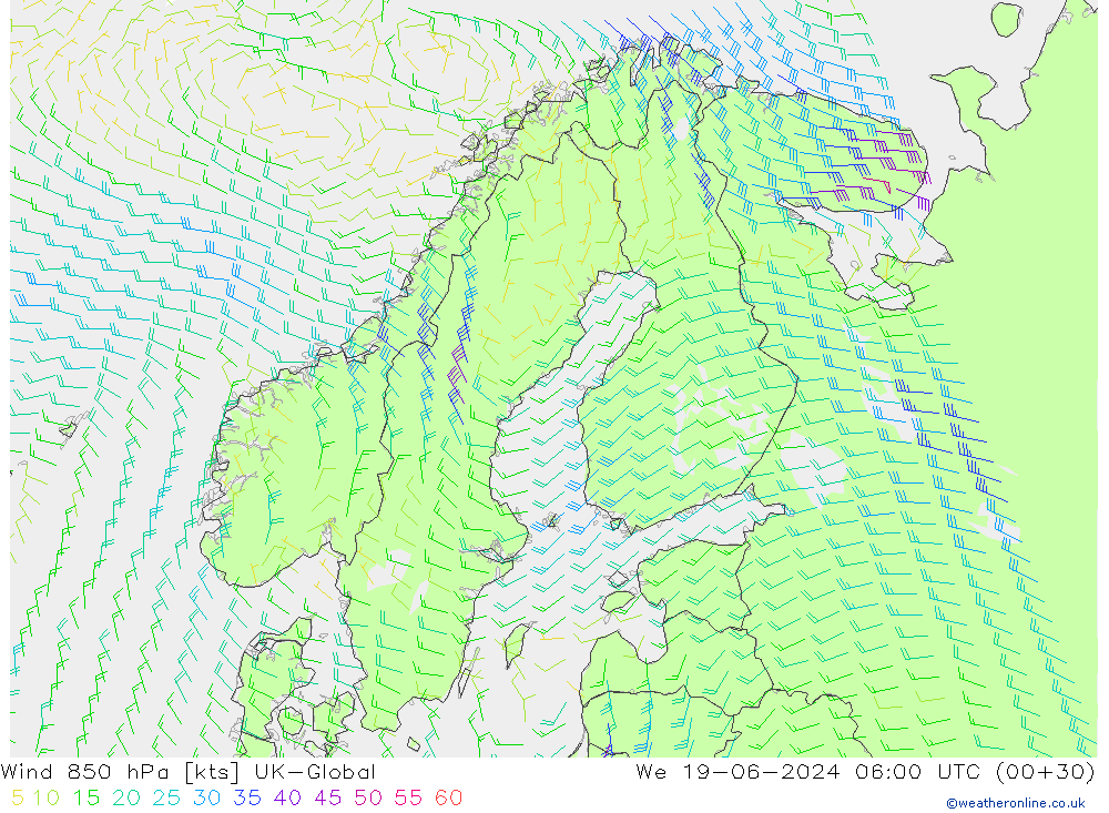 Wind 850 hPa UK-Global wo 19.06.2024 06 UTC