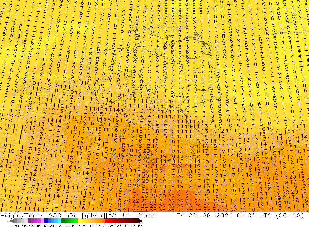 Height/Temp. 850 hPa UK-Global Th 20.06.2024 06 UTC