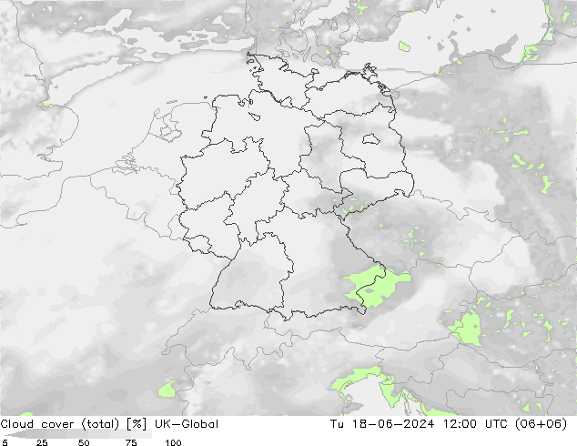 Bewolking (Totaal) UK-Global di 18.06.2024 12 UTC