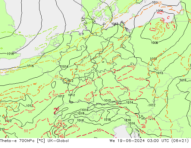 Theta-e 700hPa UK-Global We 19.06.2024 03 UTC