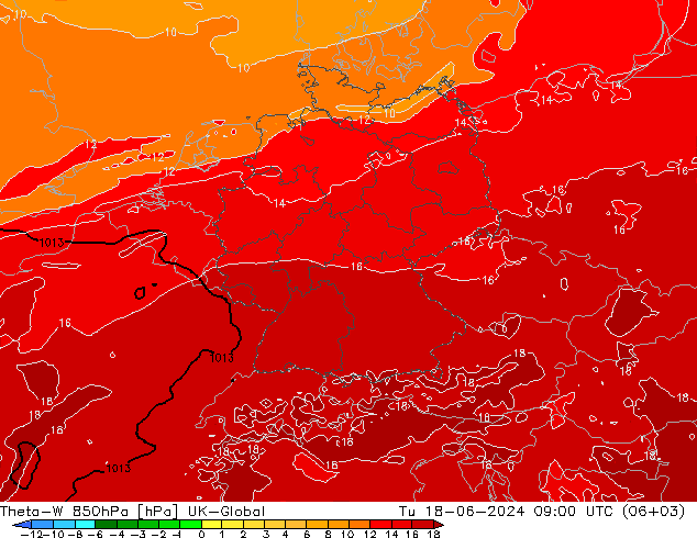 Theta-W 850hPa UK-Global Tu 18.06.2024 09 UTC