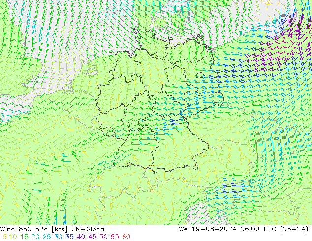 Vento 850 hPa UK-Global Qua 19.06.2024 06 UTC