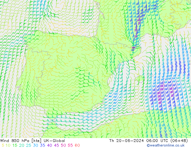 Wind 850 hPa UK-Global Čt 20.06.2024 06 UTC