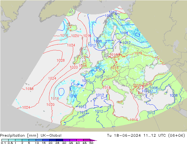 Precipitation UK-Global Tu 18.06.2024 12 UTC