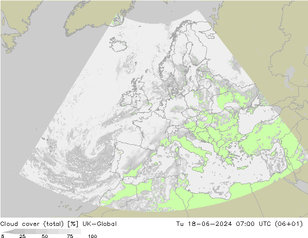 Cloud cover (total) UK-Global Tu 18.06.2024 07 UTC