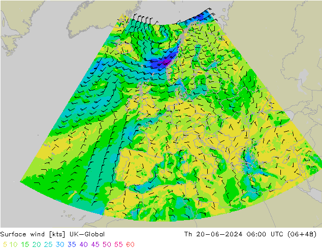 Surface wind UK-Global Th 20.06.2024 06 UTC