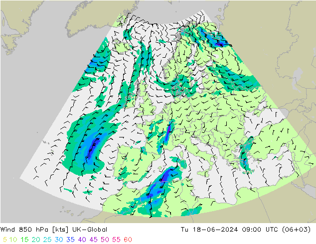 风 850 hPa UK-Global 星期二 18.06.2024 09 UTC