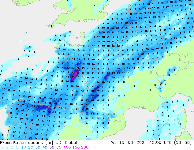 Precipitation accum. UK-Global Qua 19.06.2024 18 UTC