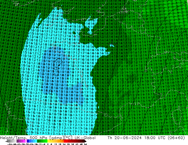 Height/Temp. 500 hPa UK-Global Qui 20.06.2024 18 UTC