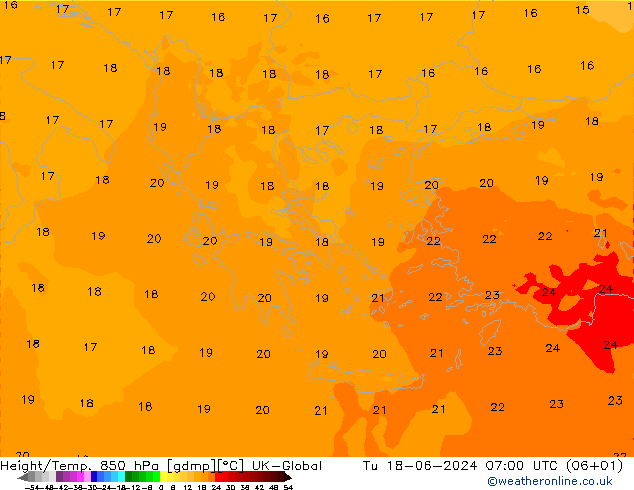 Height/Temp. 850 hPa UK-Global Di 18.06.2024 07 UTC