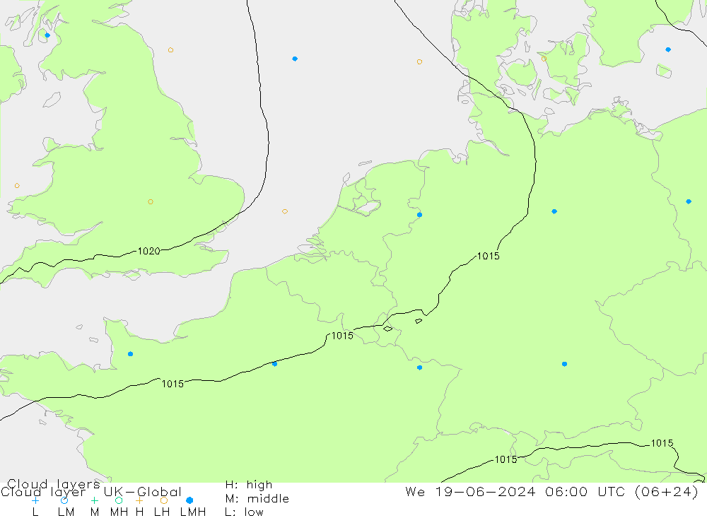 Cloud layer UK-Global 星期三 19.06.2024 06 UTC