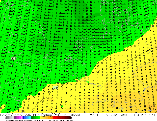 Height/Temp. 700 hPa UK-Global 星期三 19.06.2024 06 UTC