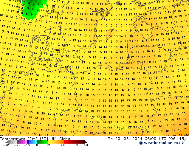 Temperatura (2m) UK-Global jue 20.06.2024 06 UTC