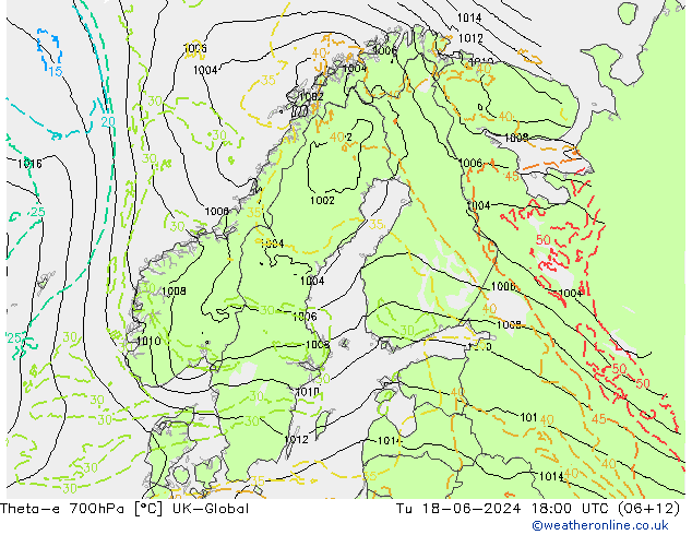 Theta-e 700hPa UK-Global Tu 18.06.2024 18 UTC