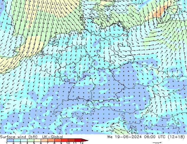 Wind 10 m (bft) UK-Global wo 19.06.2024 06 UTC
