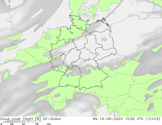 Cloud cover (high) UK-Global We 19.06.2024 12 UTC