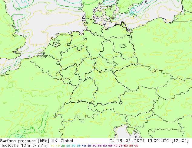 Isotachs (kph) UK-Global вт 18.06.2024 13 UTC