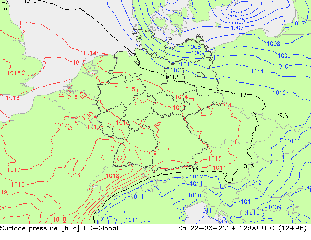 Pressione al suolo UK-Global sab 22.06.2024 12 UTC