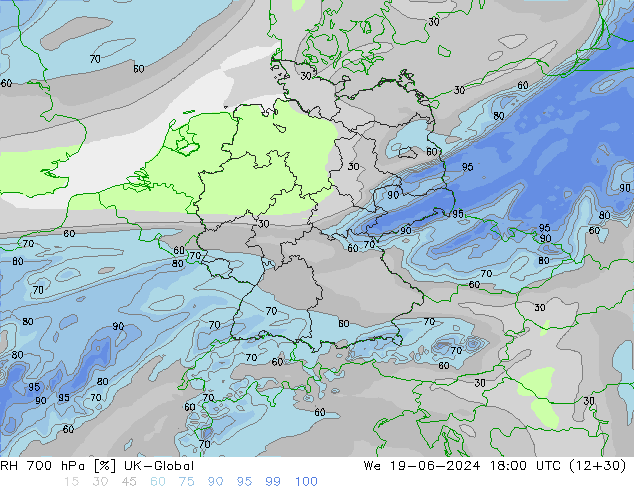 Humidité rel. 700 hPa UK-Global mer 19.06.2024 18 UTC