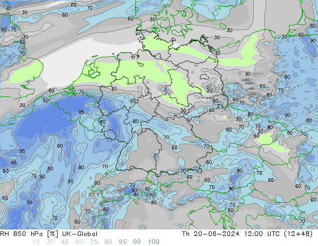 Humidité rel. 850 hPa UK-Global jeu 20.06.2024 12 UTC