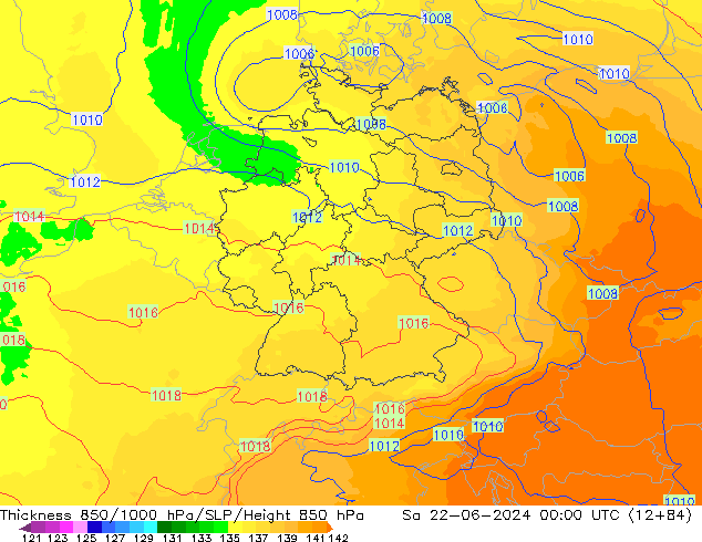 Espesor 850-1000 hPa UK-Global sáb 22.06.2024 00 UTC