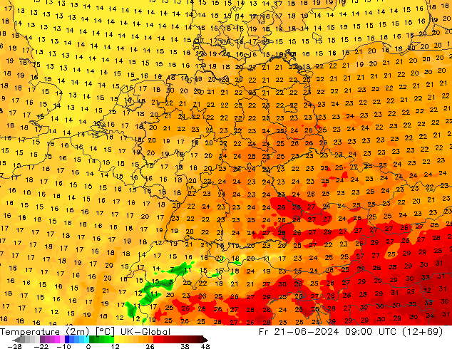 Temperature (2m) UK-Global Fr 21.06.2024 09 UTC