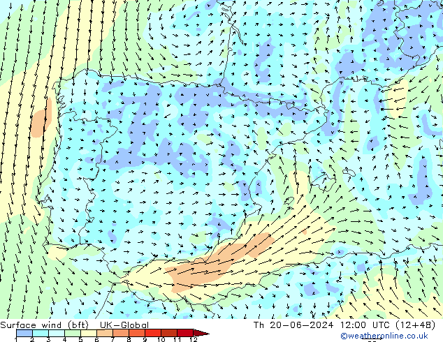 Surface wind (bft) UK-Global Čt 20.06.2024 12 UTC