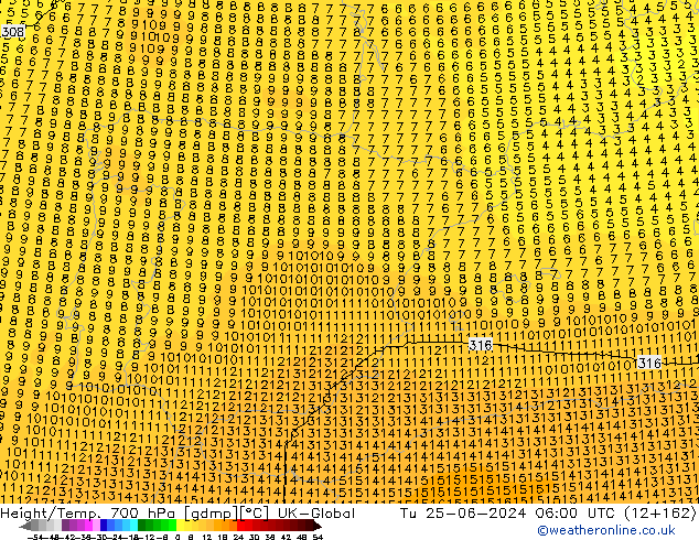 Height/Temp. 700 hPa UK-Global Ter 25.06.2024 06 UTC