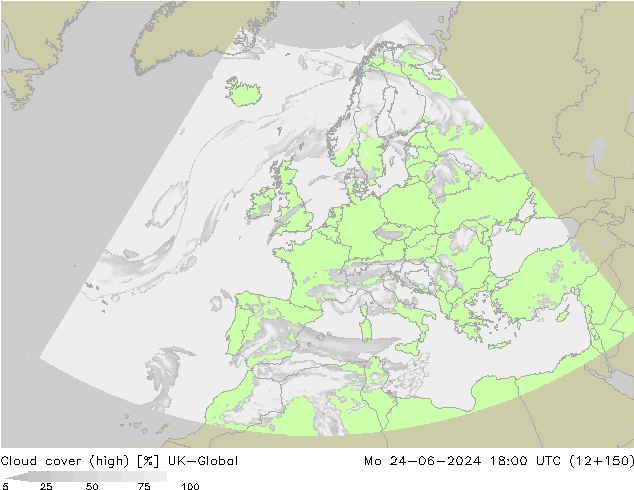Cloud cover (high) UK-Global Mo 24.06.2024 18 UTC
