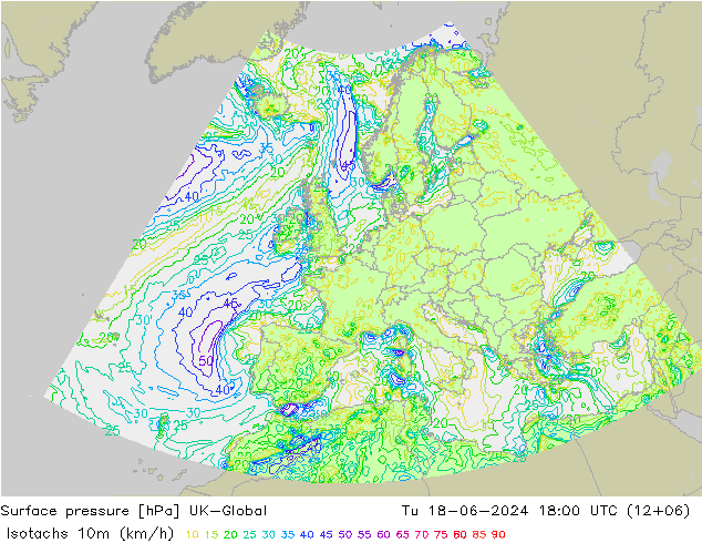 Isotachs (kph) UK-Global  18.06.2024 18 UTC